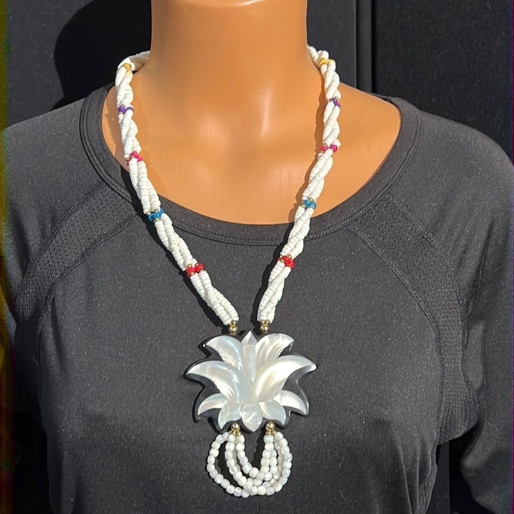 MOP Lotus Pendant Necklace – 24” Triple Strand Seashell
